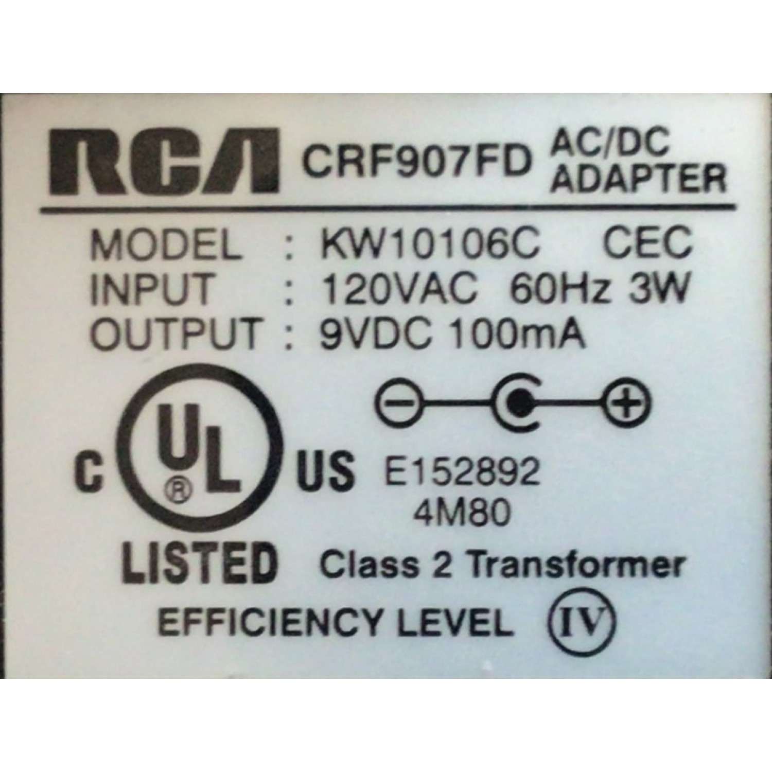 CARGADOR / ADAPTADOR DE FUENTE DE ALIMENTACION RCA / VCA-VCD / NUMERO DE PARTE CRF907FD / ENTRADA VCA 120V 60HZ 3W / SALIDA VCD 9V 100MA / MODELO KW10106C - Imagen 2